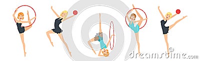 Woman Gymnast with Sport Ball and Hula Hoop Perform Gymnastics Pose Vector Set Vector Illustration