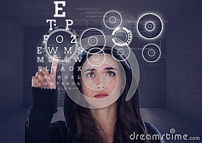 Woman hacker touching a digital screen Stock Photo