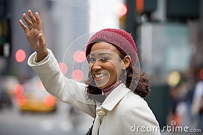 Woman Hailing a Cab Stock Photo