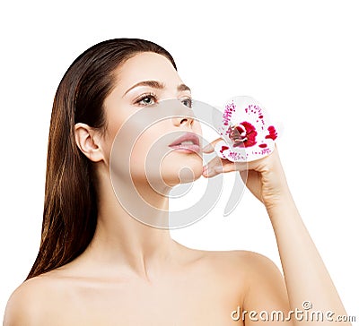 Woman Hair and Face Beauty Skin Care, Beautiful Girl Skincare and Treatment with Flower Stock Photo