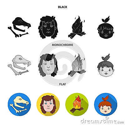 Woman, hair, face, bonfire .Stone age set collection icons in black, flat, monochrome style vector symbol stock Vector Illustration