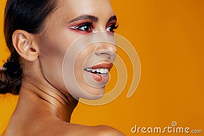 Girl woman face skin smile portrait beauty make-up fashion model studio close-up color Stock Photo