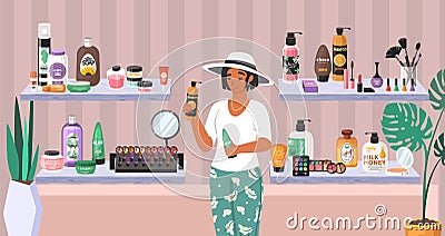 Woman with hair shampoo and gel cosmetic bottles, flat vector illustration. Cosmetics store, health and beauty products. Vector Illustration