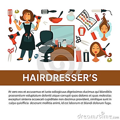 Hairdresser beauty salon vector flat poster woman hair coloring and styling equipment icons Vector Illustration