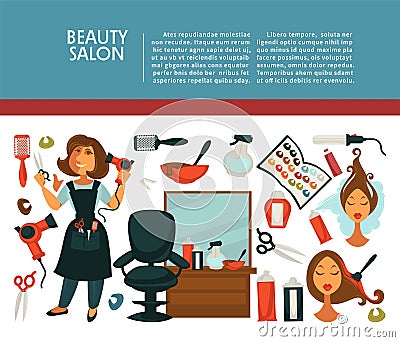 Woman hairdresser beauty salon poster flat design for hair coloring and styling. Vector Illustration
