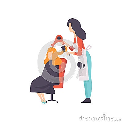 Woman Hairdresser Character Drying Hair of Woman at Beauty Saloon, Female Barber Character Vector Illustration Vector Illustration