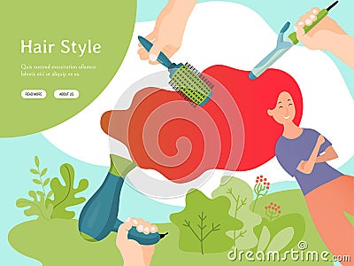 Woman hairdresser vector illustration, flat happy cartoon young girl character with long red hair on tress curling Vector Illustration