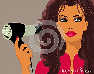 Woman with Hairdryer Vector Illustration