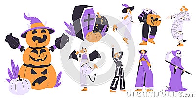 Woman at Halloween Dressed in Costume Enjoy Night Party Vector Set Vector Illustration