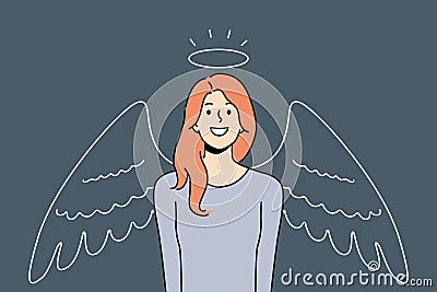 Woman with halo and angel wings smiles, calling to be kind and merciful towards others Vector Illustration