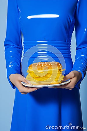 Burger woman concept meal blue art beef yellow fast hand hamburger Stock Photo