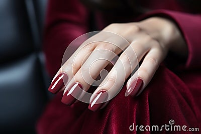 Woman hand with burgundy color nail polish on her fingernails. Burgundy nail manicure with gel polish at luxury beauty salon. Nail Stock Photo