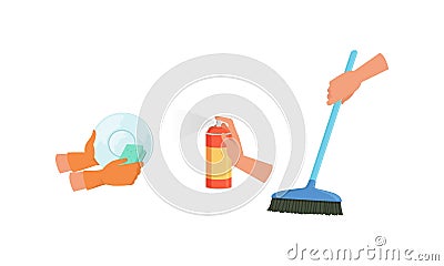 Woman Hand with Cleaning Tool Set, Female Hands Washing Dish, Sprayer Bottle, Brush, Housework Supplies, Housekeeping Vector Illustration
