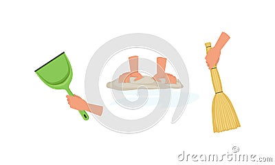 Woman Hand with Cleaning Tools Set, Hand Holding Rag, Scoop, Broom, Housework Supplies, Housekeeping Concept Cartoon Vector Illustration