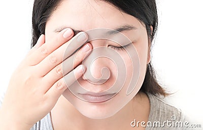 Woman hand closes eyes with eye pain, health care and medical co Stock Photo