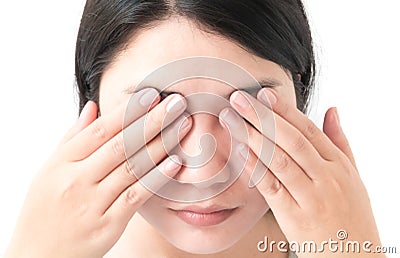 Woman hand closes eyes with eye pain, health care and medical co Stock Photo