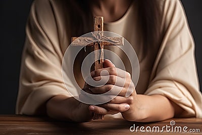 woman hand with cross in worship .Concept of hope, faith, christianity, religion, church online. illustration generative ai Cartoon Illustration