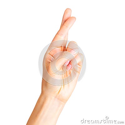 Woman hand with crossed fingers, gesture of good luck symbol Stock Photo