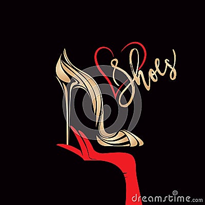 Woman hand, elegant stiletto shoe. Fashion logo. Gold color decorative elements. Vector Illustration
