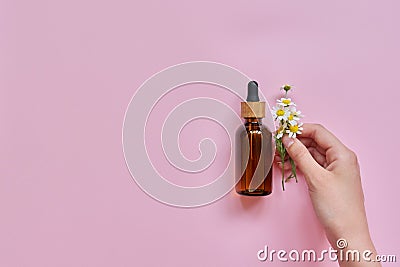 Woman hand, flowers and glass bottle with cosmetic product on pink background Stock Photo