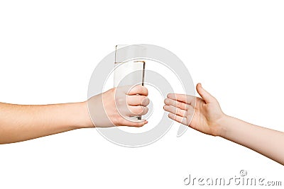 Woman giving glass of water to kid, isolated Stock Photo