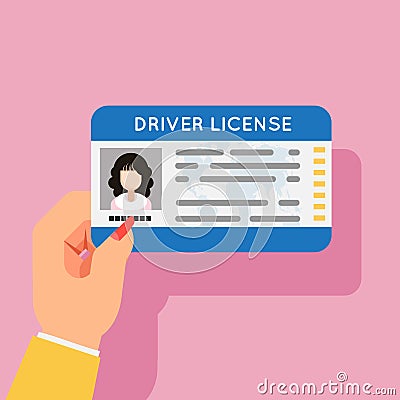 Woman hand hold car driver license female identification photo flat design vector illustration Vector Illustration