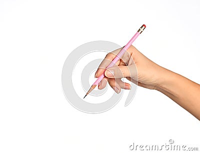 Woman hand hold pink wood pencil ready to write isolated on a white Stock Photo