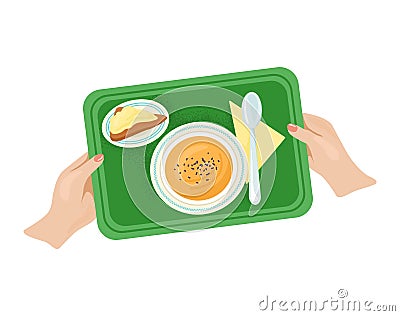 Woman hand hold tray with foodstuff plate kitchen utensils, light breakfast foodstuff flat vector illustration, isolated Cartoon Illustration