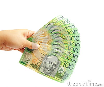 Woman hand holding Australian dollars Stock Photo