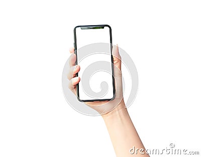 Woman hand holding the black smartphone Stock Photo