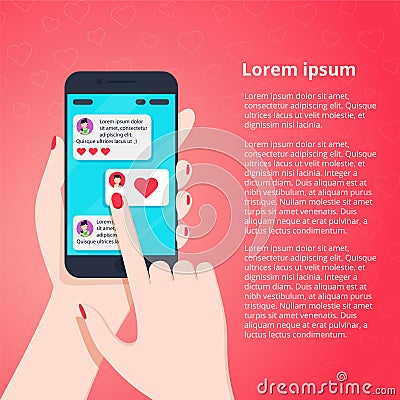 Woman hand holding cellphone with love chat communication. Vector illustration Vector Illustration