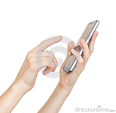 Woman hand holding device and touching screen. Stock Photo