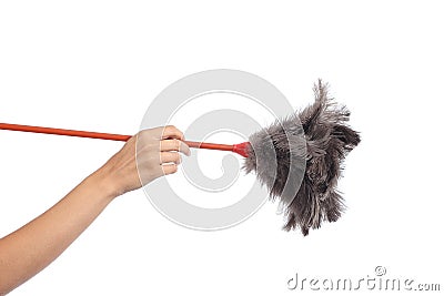 Woman hand holding a duster clean Stock Photo