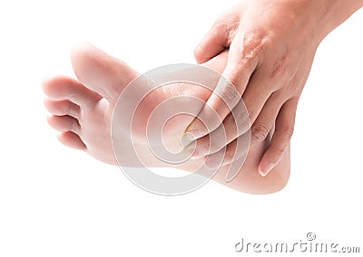 Woman hand holding foot with pain, health care and medical concept Stock Photo