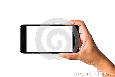 Woman hand holding mockup smartphone horizontal blank white screen Stock Photo