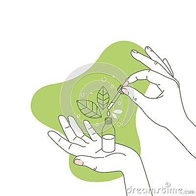 Woman hand holding organic cosmetic bottle. Cosmetics floral organic illustration. Natural ingredient. Vector Illustration