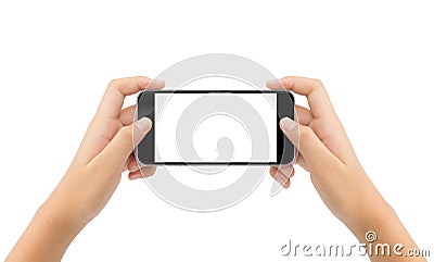 woman hand holding phone isolated white background Stock Photo