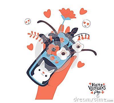 Woman hand holding smartphone with congrats messages, cute cat and flowers. Vector Illustration