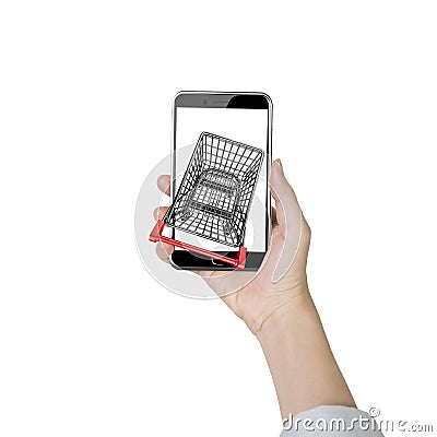 Woman hand holding smartphone with shopping cart on white screen Stock Photo