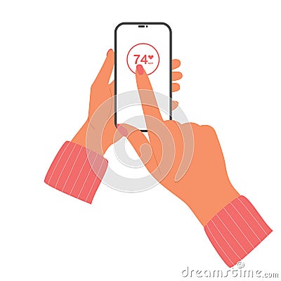 Woman hand holds phone with heart pulse check. Heartbeat monitor with number heart rate result on screen Vector Illustration