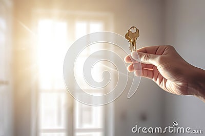 Woman hand with keys to the new apartment in sunshine. Real estate and moving. Generative AI Stock Photo