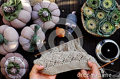 Woman hand knit handmade product with pumpkin background at morning coffee time Stock Photo