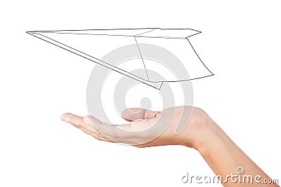 Woman hand launching white paper airplane isolated on white back Stock Photo