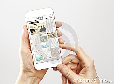 Woman hand reading newspaper on mobile phone Stock Photo
