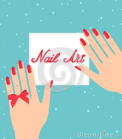 Woman hand with red fingernails. Gift certificate for a nail sal Vector Illustration