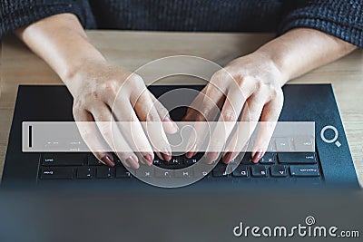 Woman hand searching job and browsing internet data on computer Stock Photo