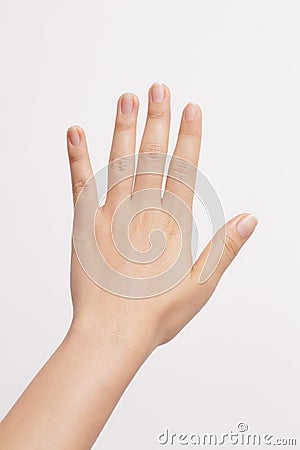 Woman hand showing five finger on white background Stock Photo