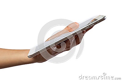 Woman hand on tablet pc, access for knowledge Stock Photo