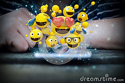 woman hand touh smartphone emoticons Stock Photo