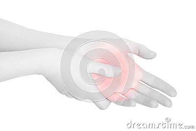 Woman hand touching with thumb the painful red palm Stock Photo